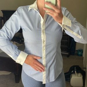 Brooks Brothers Button Down Blouse. Blue with white strips. French cuff